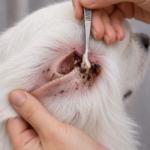 Dog ear infection showing dirty ear discharge during ear cleaning in a white dog