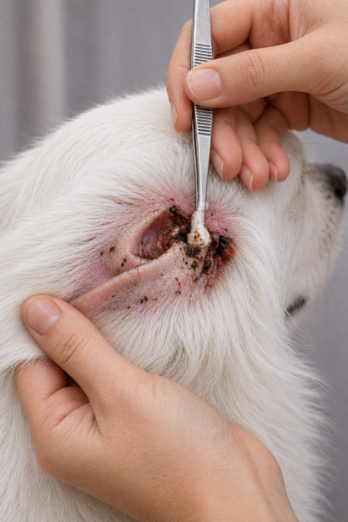 Dog ear infection showing dirty ear discharge during ear cleaning in a white dog